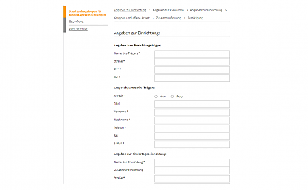 Screenshot eines Umfrageformulars aus der webExtension - hier mit spezifischen Feldern zur Abfrage von Einrichtungsdaten einer Kita.
